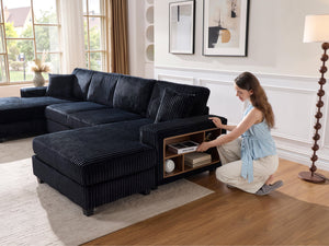 English Elm Convertible U-Shaped Sofa In Soft Corduroy Fabric - Modern 4-Seater For Stylish Living Room Comfort W1793S00033