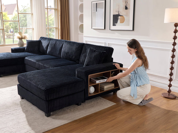 English Elm Convertible U-Shaped Sofa In Soft Corduroy Fabric - Modern 4-Seater For Stylish Living Room Comfort W1793S00033