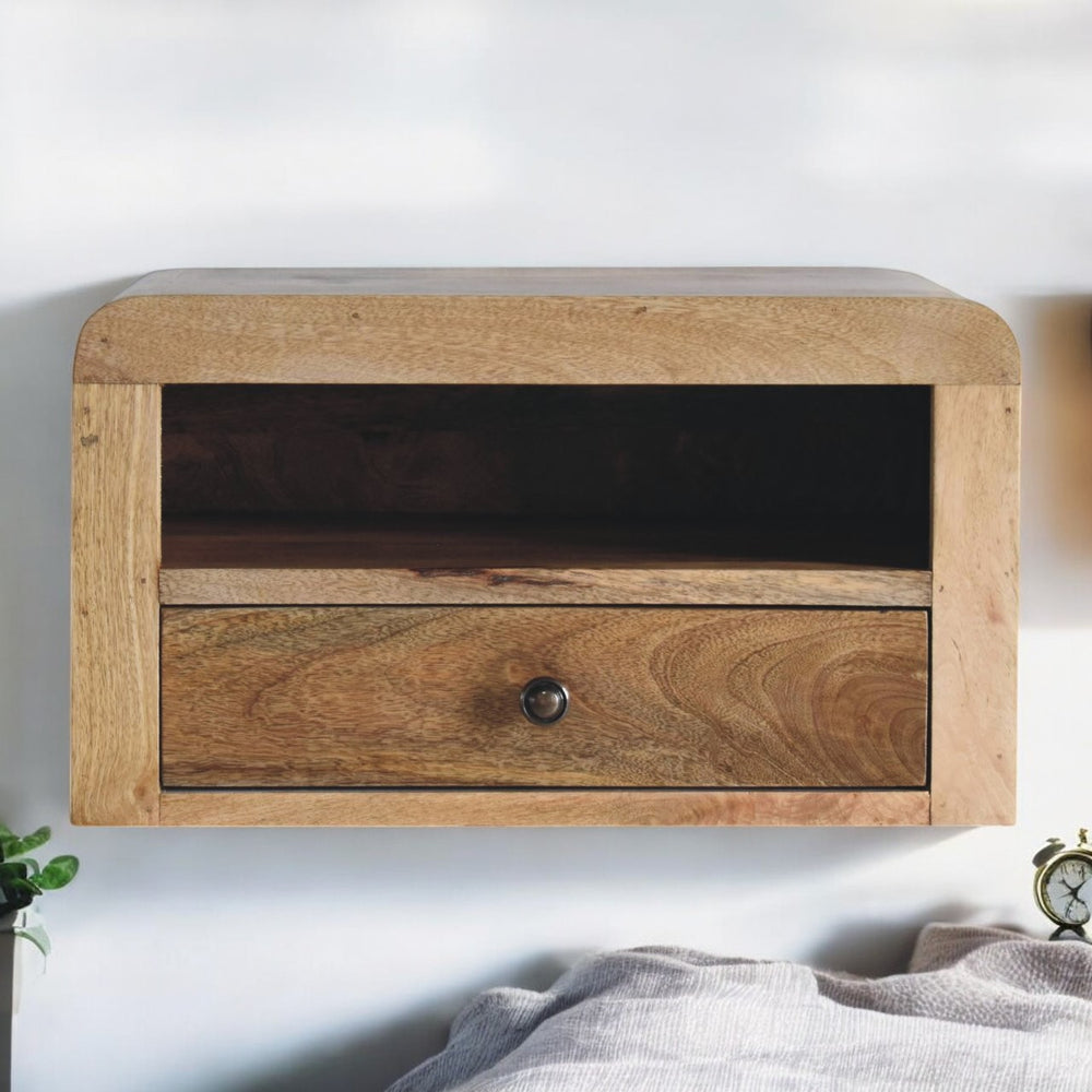 English Elm Chunky Solid Mango Wood Floating Nightstand with Drawer and Open Shelf Organic Warmth B182P263166