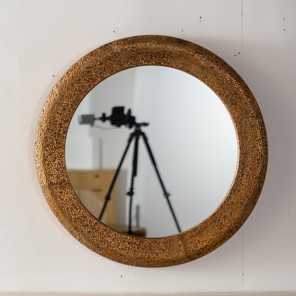 English Elm 31.3" Gold Iron Round Mirror Ribbed Texture Rivets Bohemian Accent for Bedroom W3158P407138