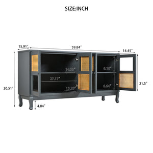 English Elm Retro 4-Door Sideboard with Spacious Adjustable Shelves, Solid Wood Legs, Spray-Painted MDF Finish Antique Dark Grey,Rattan W2696P256247