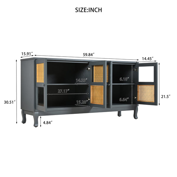 English Elm Retro 4-Door Sideboard with Spacious Adjustable Shelves, Solid Wood Legs, Spray-Painted MDF Finish Antique Dark Grey,Rattan W2696P256247