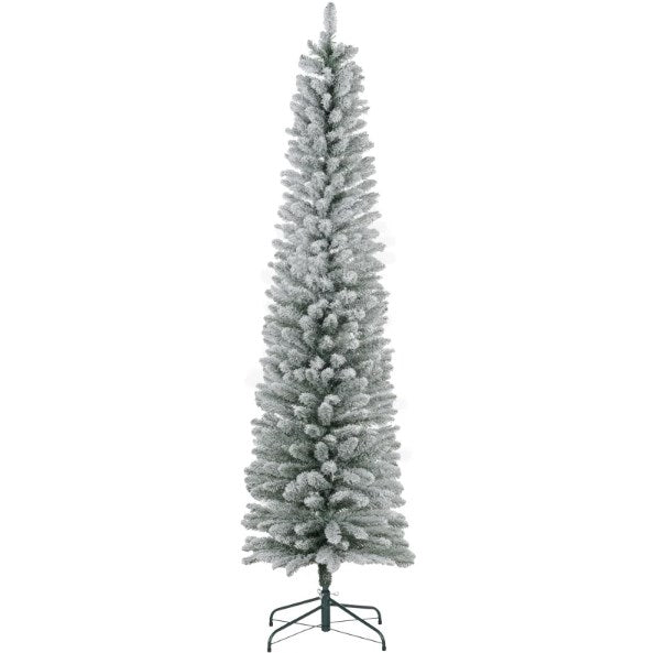 English Elm Pencil Silhouette Snow Flocked Artificial Christmas Tree with Sturdy Metal Base 7 Ft T3971P419916