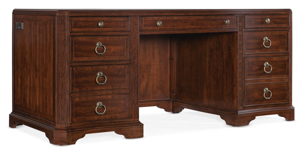 Hooker Furniture Charleston Executive Desk With Leather Writing Surface, Cherry Veneers, Walnut/Maple Inlay, 7-Drawer Storage 6750-10563-85