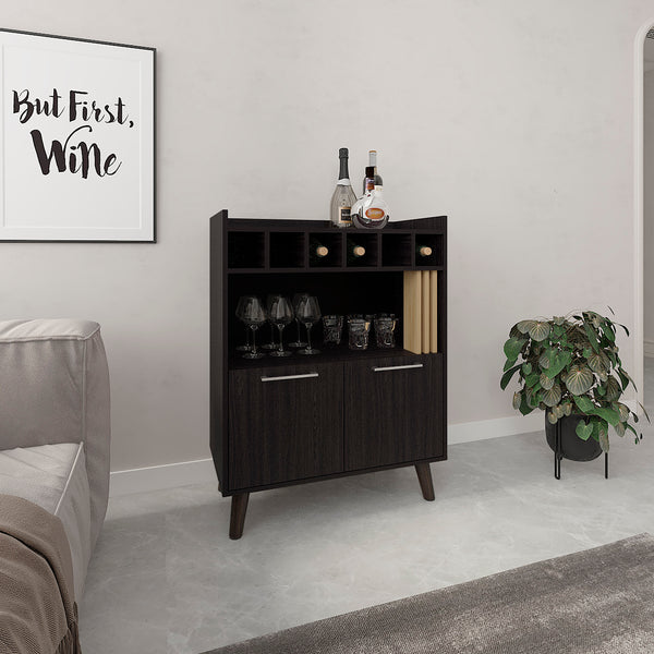 English Elm Vance 40" High Bar Cabinet Dark Wenge with Six Bottle Cubbies, Two Doors, Shelves & Countertop B200P253743