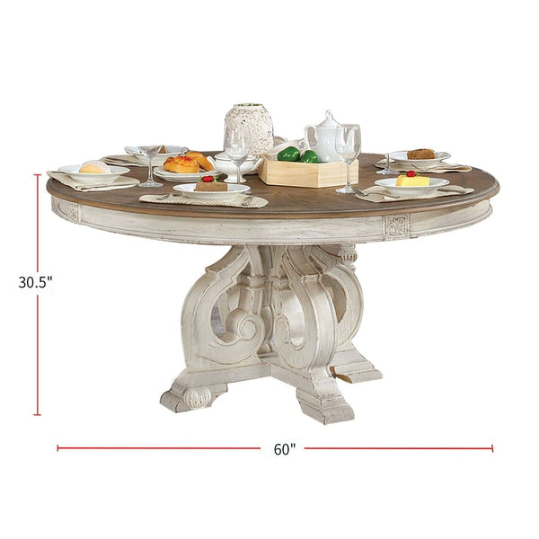 English Elm Dining Table 60 Inch Round Solid Wood Pedestal with Hand Carved Skirt and Inlay Antique White B2741P474004