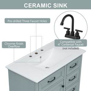 English Elm [video] 36 Inch Freestanding Bathroom Vanity Rubberwood Cabinet with Ceramic Sink Storage Grey N759P313315F