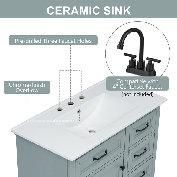 English Elm [video] 36 Inch Freestanding Bathroom Vanity Rubberwood Cabinet with Ceramic Sink Storage Grey N759P313315F