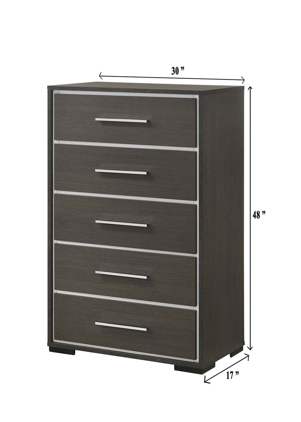 English Elm 1pc Contemporary 5-Drawer Chest with Chrome Accents Rustic Finish Wooden Bedroom Storage, Stylish Design Gray 32.9 L x 19.9 W x 50.7 H B011P236774