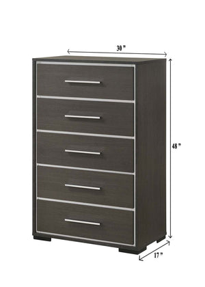 English Elm 1pc Contemporary 5-Drawer Chest with Chrome Accents Rustic Finish Wooden Bedroom Storage, Stylish Design Gray 32.9 L x 19.9 W x 50.7 H B011P236774