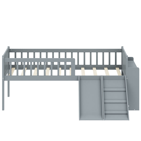 English Elm Twin Platform Kids Bed with Slide Ladder Guardrails Storage Shelf Wood Frame Gray N733S415411E