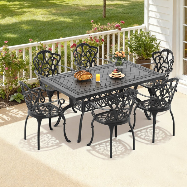 English Elm 7-piece Cast Aluminum Outdoor Dining Set with Petal Motif Detail and Weather Resistant Frame W1710S00577