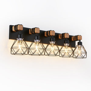 English Elm 31" Modern Geometric 5-Light Vanity Fixture With Black Metal & Wood Accents For Stylish Spaces W2312P374932