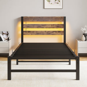 English Elm Twin LED Platform Bed Frame with Headboard, USB Charging, RGB Lights, Under-Bed Storage, Noise-Free Beige+Brown W840P209879