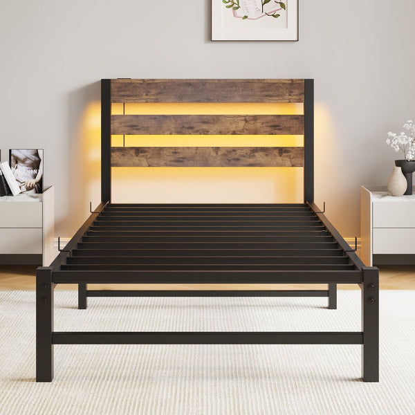 English Elm Twin LED Platform Bed Frame with Headboard, USB Charging, RGB Lights, Under-Bed Storage, Noise-Free Beige+Brown W840P209879