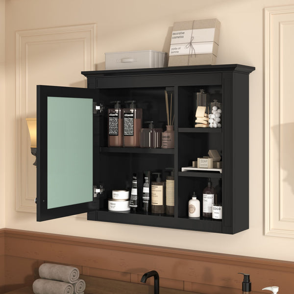 English Elm 30'' Modern Medicine Cabinet with Mirror and Adjustable Shelves, MDF Wall-Mounted Bathroom Storage Solution Black N710P192495B