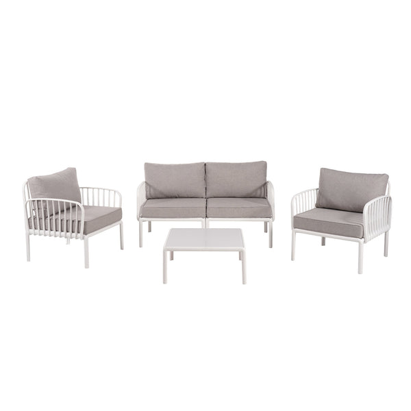English Elm Christopher Knight Home® - 5 Modern Patio Conversation Set with Deep Seating, Waterproof Cushions, Glass Coffee Table, Durable White+gray N780P19945449W
