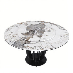English Elm 53" Round Sintered Stone Dining Table With Lazy Susan, Black Steel Base - Stylish & Durable Design W2699S00040