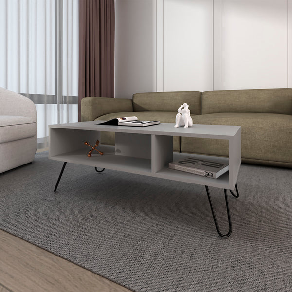 English Elm Bagdad Melamine Coffee Table with Hairpin Legs, Smoke Finish, Two Shelves for Modern Living Rooms B128P237136