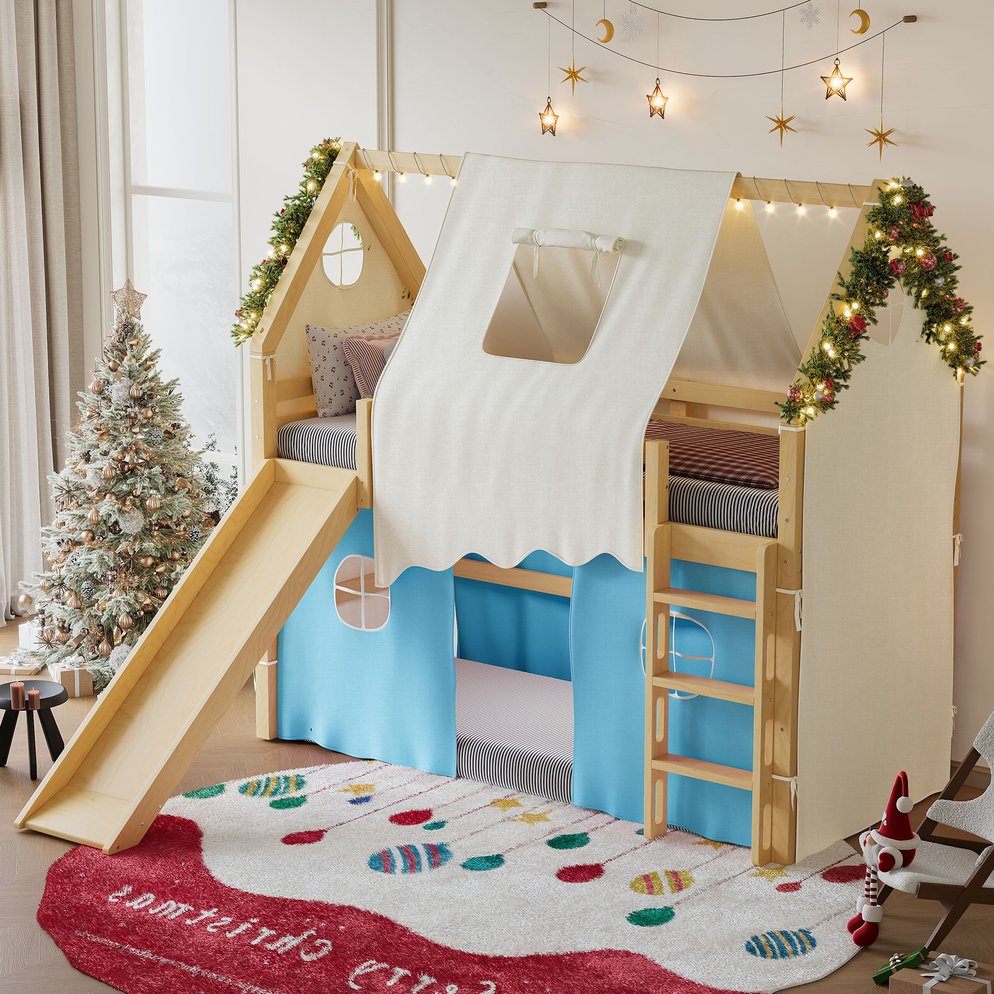 English Elm Twin Pine Loft Bed with House Frame Tent Led Lights Slide and Floor Space Below W1580S00290