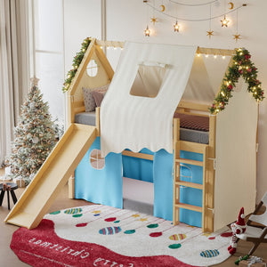 English Elm Twin Pine Loft Bed with House Frame Tent Led Lights Slide and Floor Space Below W1580S00290