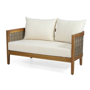 English Elm Christopher Knight Home® - 2 Outdoor Acacia Loveseat Set with Faux Rattan, Plush 6" Cushions & Slatted Coffee Table, Beige 71368.00