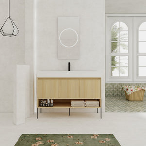 English Elm 48" Oak Bathroom Vanity Combo with One-Piece Resin Sink, Tripod Legs, Multi-Layer Solid Wood Cabinet W1972S00010