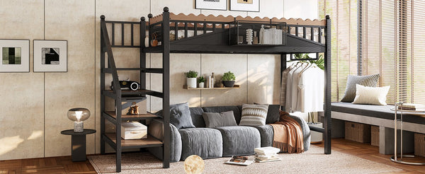 English Elm Twin Xl Metal Loft Bed with Stair Storage Shelves Sturdy Steel Frame for Dorms W1580S00377