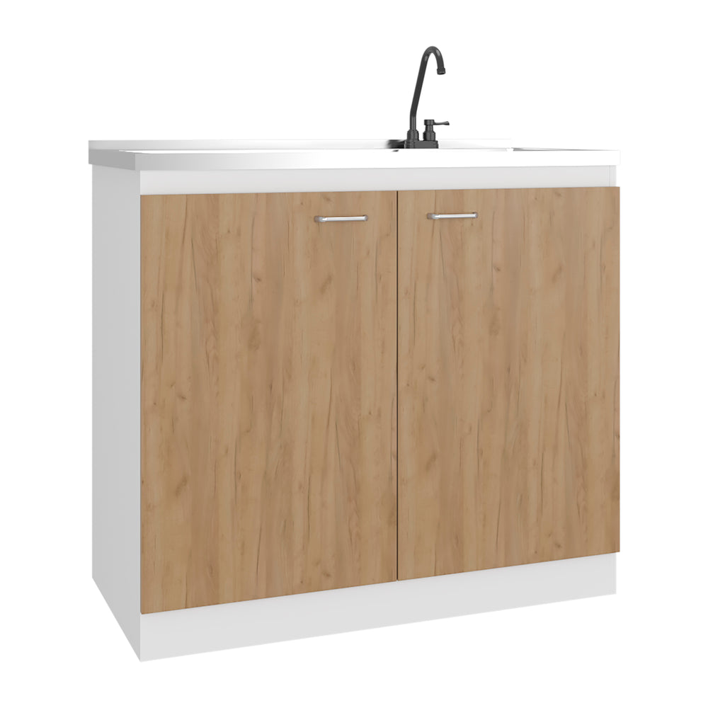 English Elm Utility Sink Base Cabinet with Two Doors Shelved Storage White Oak Laundry Room B097S00260