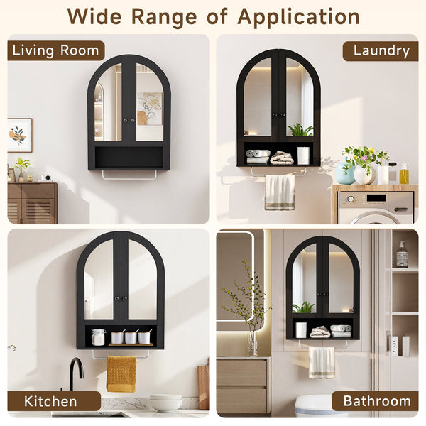English Elm Wall Mounted Arched Cabinet Tempered Glass Doors Led Lighting Adjustable Shelves Bathroom Black T3210P471557