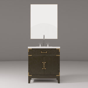 English Elm Brown Oak Single Bath Vanity Set With White Quartz Top, Mirror & Faucet - Elegant Bathroom Upgrade B2731S02003