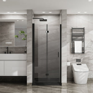 English Elm Goodyo 34"X 72" Bifold Frameless Shower Door – Space-Saving Tempered Glass Pivot Panel In Black Finish D163102095