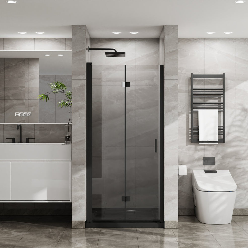English Elm Goodyo Bifold Frameless Tempered Glass Shower Door Pivot Swing Panel Adjustable Width Black D163147914