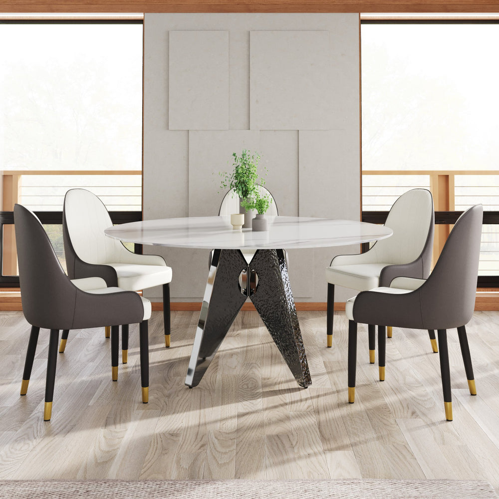 English Elm 59.05" Round Marble Dining Table With Silver Base – Modern Artificial Marble For 6-8 Guests, Chic Design W1535S00394