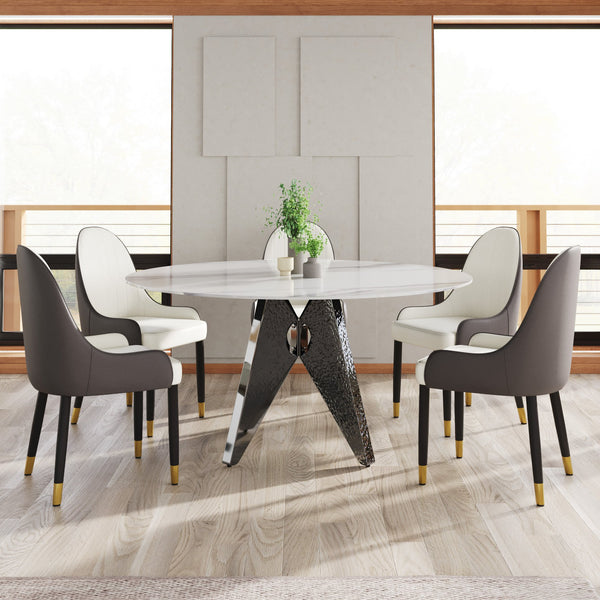 English Elm 59.05" Round Marble Dining Table With Silver Base – Modern Artificial Marble For 6-8 Guests, Chic Design W1535S00394