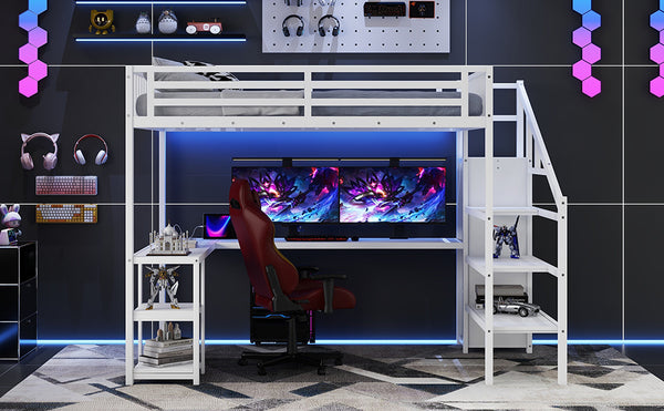 English Elm Metal Queen Loft Bed with Wardrobe, LED Light, L-Shaped Desk and USB Ports for Space-Saving Rooms White 65.75 L x 17.52 W x 6.3 H W2593S00039