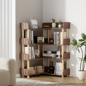 English Elm 4 Tier Retractable Rotatable Corner Bookcase – Walnut Wooden 4-Shelf Space-Saving Rack, Durable MDF & Solid Wood W1801P195686