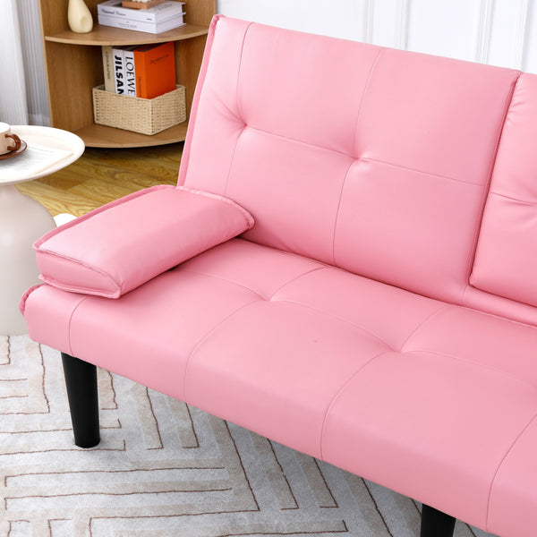 English Elm The 67-inch PVC multi-functional sofa bed with one-click fold, cup holders, sturdy wood frame for apartments Pink W3371P318142