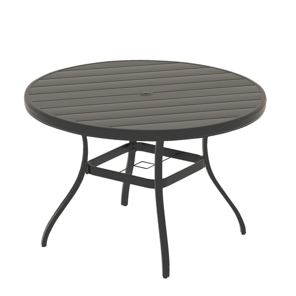 English Elm Outdoor Round Patio Dining Table with Powder-Coated Steel, Seats 6-7, Umbrella Hole, Rust-Resist Black W213P335135