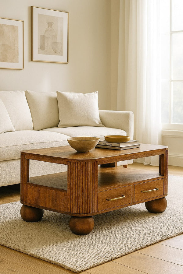 English Elm Solid Wood Briarwood Fluted Coffee Table - Handcrafted Beige Design With 1 Shelf & 2 Drawers B182P372172-GIGA