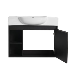 English Elm 26'' Wall-Mounted Bathroom Vanity with Glossy White Ceramic Sink, Soft-Close Door & Waterproof Finish Dark Oak W999P310759