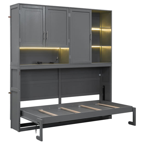 English Elm Twin Murphy Bed with Cabinet Shelves Built in Lighting Usb Ports Space Saving Wall Unit Gray LP000389AAE-1