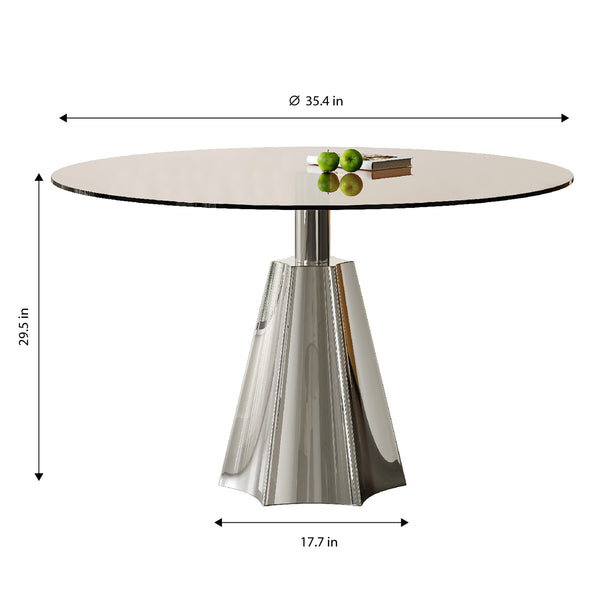 English Elm Compact Round Pedestal Dining Table Black Tempered Glass Mid-century Silver Base W2700S00080
