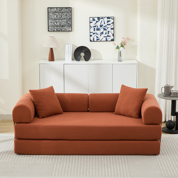English Elm Folding Corduroy Sofa Bed 78.5" Convertible 3-Seater to Bed with 2 Pillows, No Assembly, Orange W2915P391458