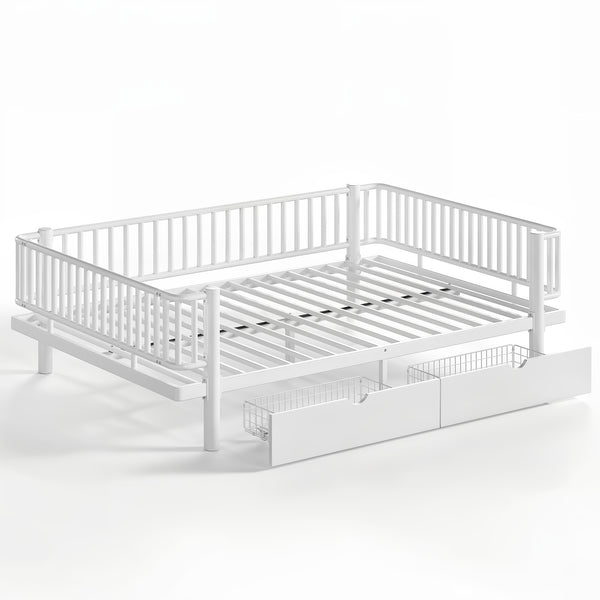 English Elm Queen Storage Platform Bed Low Profile Metal Frame with Built-in Drawers for Small Spaces Light White W5305P471354