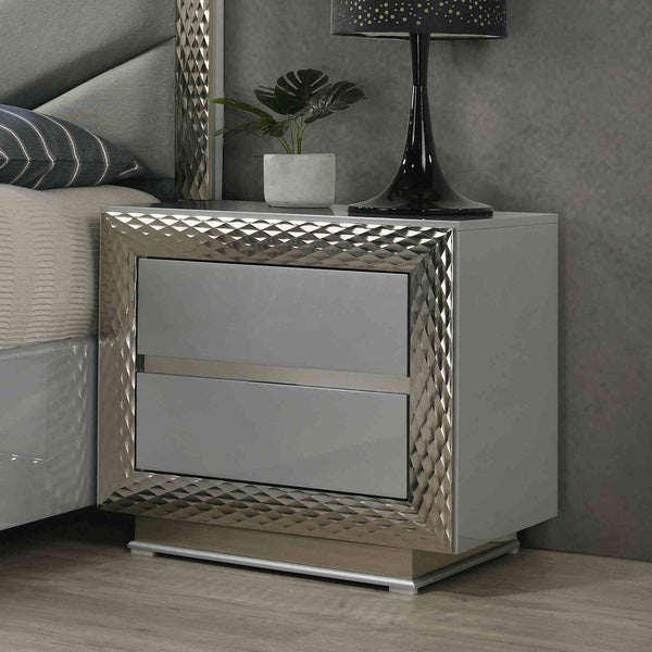English Elm Glam Nightstand with Silver Molding Plinth Base Felt Drawer and Glass Shelf B2741P435909