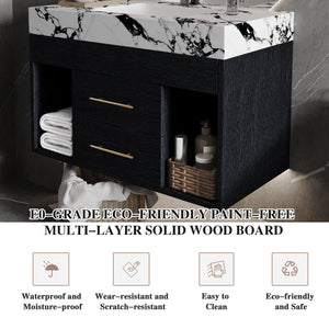 English Elm 29.9" Floating Bathroom Vanity Sintered Stone Top Soft Close Drawers Bronze Gold Hardware Black,Black White W3136S00036