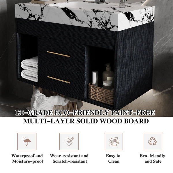 English Elm 29.9" Floating Bathroom Vanity Sintered Stone Top Soft Close Drawers Bronze Gold Hardware Black,Black White W3136S00036
