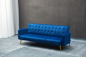 English Elm Sofa Bed Velvet Upholstered Convertible with Gold Metal Legs for Studio Spaces Dark Blue B205P246427