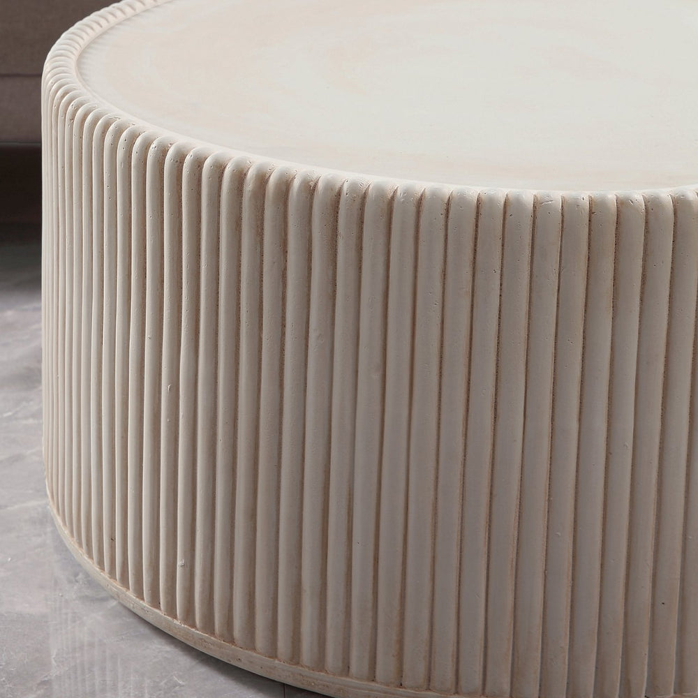 English Elm Off-white Fluted Drum Round Coffee Table Sculptural Magnesium Oxide Living Room Accent W5351P456935